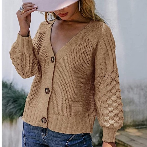 🍂Camel Chunky Cable Knit Button Down Oversized Long Sleeve Sweater Cardigan - Picture 5 of 6